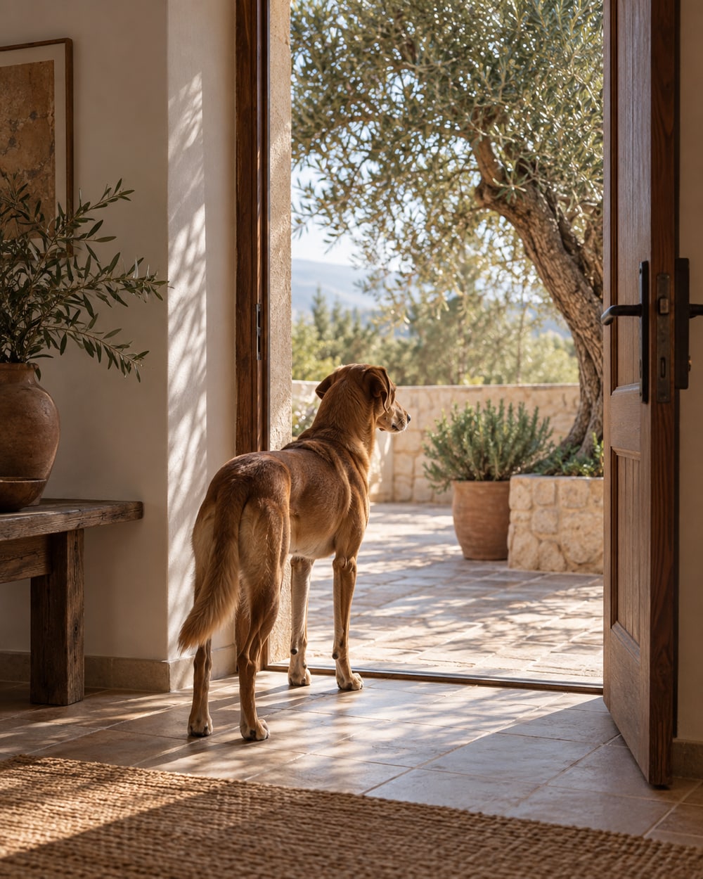 Un perro junto a la puerta de casa en una escena de ambiente