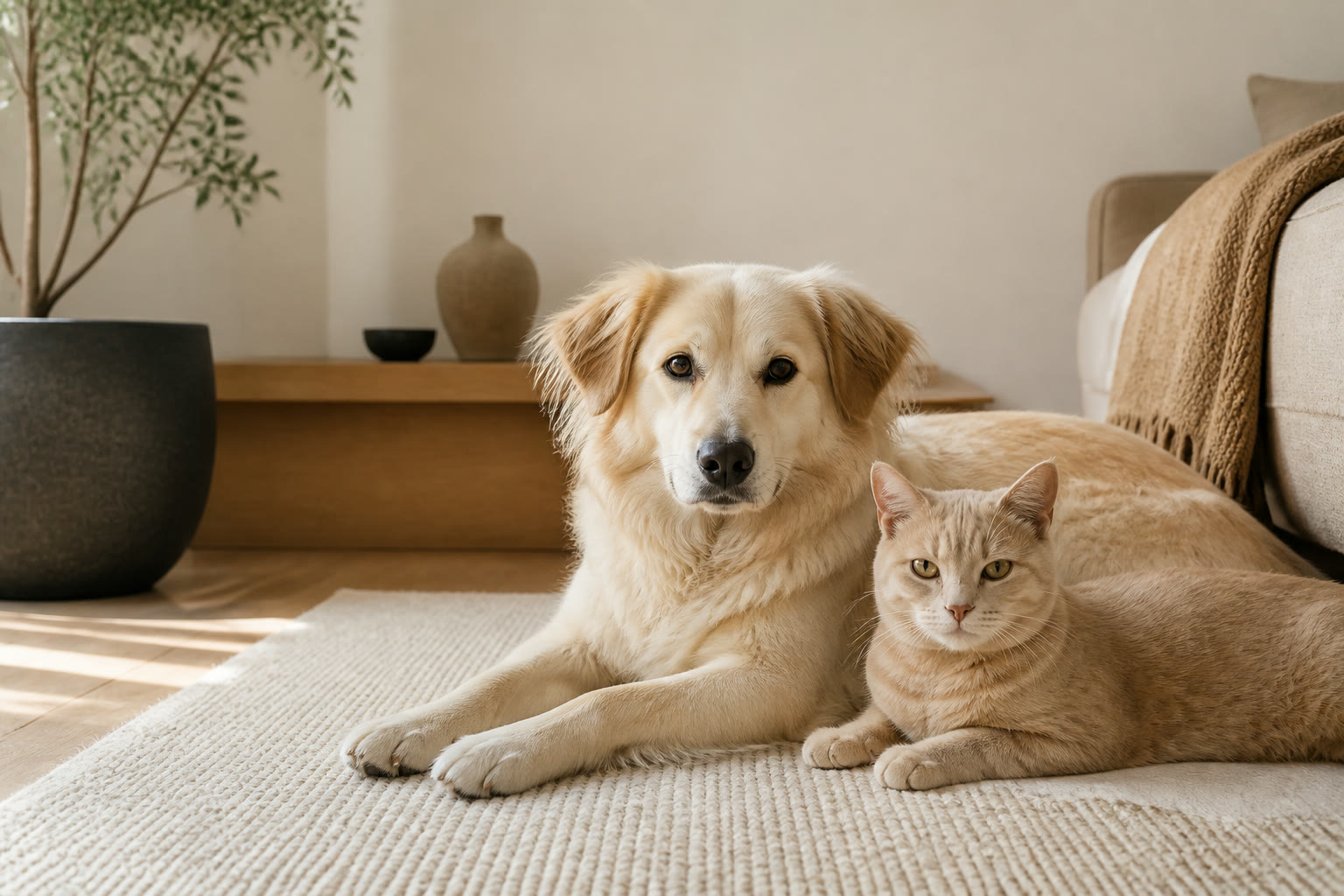 Un perro y un gato descansando juntos en un hogar cálido y luminoso